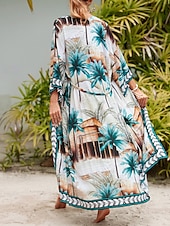 billiga Kaftans-Dam Badkläder Täck Över Baddräkt knyt fram Tropisk Standkläder Blomma V-hals Långärmad Baddräkter