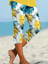 abordables -Femmes Pantalon capri Leggings Streetwear Occasionnel Longueur mollet Naturel Fleuri Imprimé Confortable Extérieur Extérieur Vacances Décontracté Quotidien Jaune Bleu Été Coupe régulière