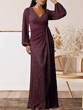 cheap Floor Length-A-Line Mother of the Bride Dress Wedding Guest Elegant Sweet V Neck Floor Length Chiffon Long Sleeve with Ruffles Ruching