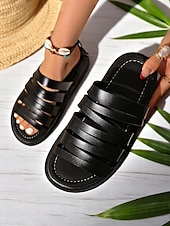 cheap Vacation Sandals-Women’s Brown Multi-Strap Slide Sandals – Casual Faux Leather Flats for Beach, Resort, and Vacation Outfits