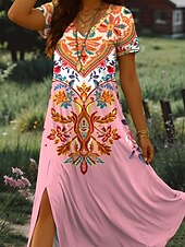 billiga Boho klänningar-Dam Maxiklänning Solklänning A linjeklänning Semester Ledigt Strand Normal Grafisk Stam Kortärmad V-hals Rodnande Rosa Blå Purpur Grön Sommar Vår