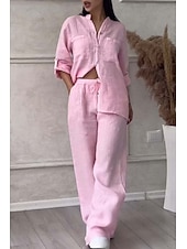 economico Imposta-Completo da donna 100% cotone cotone lino camicia a maniche lunghe colletto tinta unita attivo basic casual quotidiano nero bianco giallo estivo vestibilità regolare