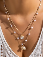 cheap Women&#039;s Necklace-Women&#039;s Summer Beach Necklace with Pearl, Shell and Starfish Charms – Gold-Plated Layered Necklace for Vacation, Casual Outfits and Special Occasions