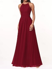 cheap Bridesmaid Dresses-A-Line Bridesmaid Dress Halter Neck Sleeveless Elegant Floor Length Chiffon with Pleats / Ruching