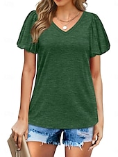 abordables T-shirt uni-Femmes Chemisier Couleur Unie Quotidien Élégant Occasionnel Manche Courte Col en V Hauts Réguliers Quotidien Noir Blanche Vert Été Printemps