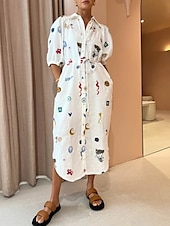 olcso design pamut és len ruhák-Női Midi ruha Ingruha Klasszikus Modern Szabadtéri Szabadság Alkalmi Normál Virág Féhosszú Állógallér Fehér Nyár