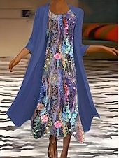 abordables Robe Fleurie-Femmes Robe Ensemble Robe d&#039;été Vacances Occasionnel A Ombre Fleuri Imprimé Robe maxi Manche 3/4 Col ras du cou robe demoiselle d honneur Anniversaire Blanche Bleu Violet Été Printemps Coupe régulière
