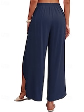 abordables Pantalón liso de lino y algodón-Mujer Pantalones de lino y algodón pantalones Casual Longitud total Cintura Media Plano Cintura elástica Separado Al Aire Libre Cómodo Festivos Ropa Cotidiana Fin de semana Albaricoque PEC Celeste