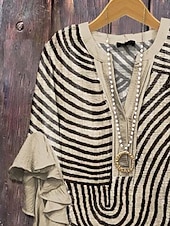 preiswerte Damen Kunst- und Design-Oberteile-Damenbluse V-Ausschnitt Grafik Leopard Gestreift Elegant Bohemia Ethnisch 3/4 Arm Reguläre Tops Tägliche Urlaubsbekleidung Druck Braun Khaki Sommer Frühling Herbst