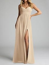 baratos Vestidos para Madrinhas-Vestido de dama de honra em corte A, decote em V / alças finas, sem mangas, elegante, longo, chiffon com pregas / frente aberta / franzido 2025