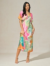 abordables Robes à motifs-robe d&#039;invitée de mariage pour femme, imprimé ombré, col en V, robe midi élégante, rendez-vous, manches courtes, coupe régulière, vacances, quotidien, robe d&#039;été