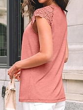 billiga Enkel t-shirt-Damernas T-shirt Enfärgad Plain Mode Stilig Klassisk Korta Ärmar Rund Halsringning Regelbundna Toppar Daglig Helg Spets Lappar Svart Blå Grön Khaki Sommar