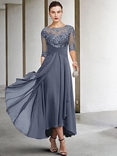 voordelige Vloerlengte-A-Lijn Moeder van de Bruid Jurk Bruidsgast Elegant Plus Size Hoog Laag V-Hals Asymmetrisch Enkel Lengte Chiffon Kant Halve Mouw met Beading Applicaties gratis maatwerk