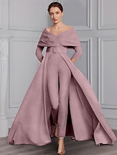 voordelige Mama&amp;#39;s jumpsuits-Twee-delige Jumpsuit Moeder van de Bruid Formele Bruiloft Gast Elegante Feest Scoop Hals Off Schouder Enkele Lengte Rekbare Stof 3/4 Lange Mouw met Ceintuur  Riem 2025