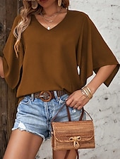 baratos Blusas Simples Femininas-Mulheres Tops de verão Tecido à moda Meia Manga Manga Morcego Decote V Tops regulares Diário Marron Verde Verão
