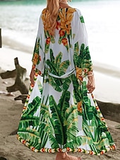 billiga Kaftans-Dam Badkläder Täck Över Baddräkt knyt fram Tropisk Standkläder Blomma V-hals Långärmad Baddräkter