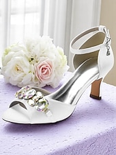 cheap Cocktail-Women&#039;s Black Satin Open Toe Heels with Ankle Strap and Crystal Gemstone Embellishment- Elegant Mid Heel Sandals for Cocktail Party &amp; Evening Wedding Reception and Formal Events