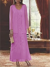 abordables Avec veste-Robe Mère de la Mariée Coupe Deux Pièces à la Plage Invité de Mariage Élégant Étincelle  Brillance Encolure en V Longueur Cheville Chiffon Sequins Manches Longues avec Sequins 2025 taille