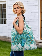 abordables Cabas et fourre-tout-Sac fourre-tout pliable à imprimé paon pour femme - Sac de courses réutilisable de grande capacité avec un design aquarelle élégant, léger et élégant, idéal pour un usage quotidien, les voyages et les achats écologiques