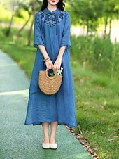 ieftine Rochii-Pentru femei Rochii Midi Rochie din in bumbac Rochie florala Modă Modern Vacanță Zilnic Concediu Fit regulat Floare Manșon Jumate Guler de stand Roz Îmbujorat Albastru piscină Trifoi Caisă Vară
