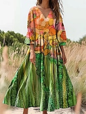 levne Elegantní květinové šaty-Dámské bavlněné lněné maxi šaty, letní šaty, plisované šaty na dovolenou, ležérní boho, na výlety, plážové, volný střih, 3/4 rukáv, výstřih do V, růžová, modrá, oranžová