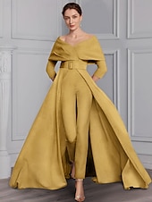voordelige Mama&amp;#39;s jumpsuits-Twee-delige Jumpsuit Moeder van de Bruid Formele Bruiloft Gast Elegante Feest Scoop Hals Off Schouder Enkele Lengte Rekbare Stof 3/4 Lange Mouw met Ceintuur  Riem 2025