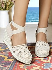 economico Sandali espadrilles-sandali con zeppa espadrillas in pizzo all'uncinetto da donna - scarpe con plateau chiuse in stile vintage con cinturini alla caviglia, ideali per matrimoni estivi in spiaggia e feste in giardino