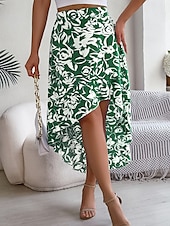 preiswerte Grafische Röcke-Damen Rock A-Linie Mode Lässig Maxi Hohe Taille Röcke Blumenmuster Rüsche Tasche Druck Mikroelastisch Straße Täglich Fuchsie Grün Hellblau Sommer Polyester