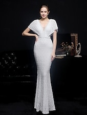 billige Semi-formell / Cocktail-Mermaid  trumpet quinceanera kjoler elegant kjole formell bryllup gulvlengde kortermet V-hals paljett med paljett