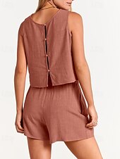 cheap Sets-Women&#039;s Active Basic Cotton Linen Sets Blouse Shorts Sets Sleeveless Crew Neck Solid Color Drawstring Going out Weekend Black Blue Orange Summer Regular Fit