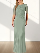 voordelige Vloerlengte-Zeemeermin  Trompet Moeder Van De Bruid Jurk Bruiloft Gast Elegante Crew Hals Vloerlengte Chiffon Halve Mouw Met Applicaties