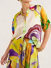 abordables Ensembles-Femmes Mode Streetwear Jupe Ensembles Demi Manches Col de chemise Abstrait Imprimé Tenue quotidienne Date Vert Été Coupe régulière