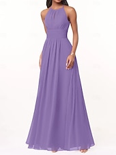 cheap Bridesmaid Dresses-A-Line Bridesmaid Dress Halter Neck Sleeveless Elegant Floor Length Chiffon with Pleats / Ruching