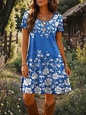 preiswerte Blumenkleid-Damen Minikleid T-Shirt-Kleid A Linie Kleid Sommerkleid Urlaub Lässig Strand Täglich Ausgehen Strand Normale Passform Blumen Grafik Kurzarm Rundhalsausschnitt Rote Blau Purpur Grün Sommer Frühling