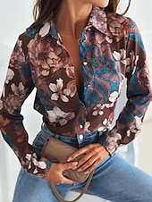 preiswerte Boho Tops-Damen Hemd Boho-Hemd Bluse Blume Modern Boho Langarm Hemdkragen Normale Oberteile Ferien Ausgehen Druck Weiß Königsblau Blau Braun Khaki Sommer