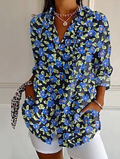 billige Kvinne Grafiske Topper-Dame Skjorte Bluse Blomsternål i krystall Moderne Fritid Langermet Skjortekrage Vanlige topper Daglig Ut på byen Knapper Trykt mønster Svart Hvit Gul Lysegrønn Rosa Sommer