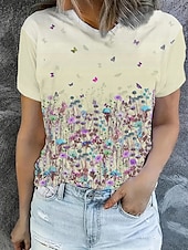 abordables T-shirt floral-Femmes T-shirt Hauts d&#039;été Fleuri Papillon Classique Occasionnel Manche Courte Col ras du cou Hauts courts Quotidien Week-end Imprimé Jaune Vert Claire Violet Été Printemps Automne