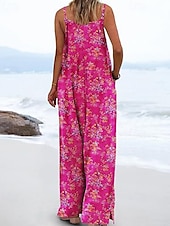 abordables combinaisons décontractées-Femmes Normal Combinaison Occasionnel Fleuri Sans manches Col en U Avec Poches Imprimé Rue Quotidien Coupe régulière Bleu Violet Fuchsia Été