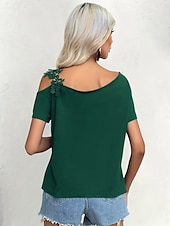 preiswerte Einfarbiges T-Shirt-Damen T Shirt Einfach Mode Modern Lässig Kurzarm V Ausschnitt Normale Oberteile Täglich Wochenende Patchwork Bestickt Schwarz Weiß Braun Grün Sommer Frühling