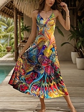 cheap Art&amp;Design Dress-Women&#039;s Maxi Dress Sundress A Line Dress Slip Dress Vacation Casual Flowy Beach Regular Fit Floral Graphic Animal Sleeveless V Neck Spaghetti Strap Yellow Red Blue Purple Summer Spring