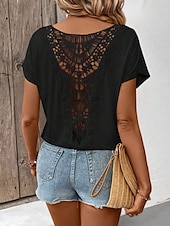 preiswerte Einfarbiges T-Shirt-Damen T-Shirt Einfarbig Einfach Mode Modern Lässig Kurzarm Rundhalsausschnitt Regulär Oberteile Täglich Wochenende Spitze Patchwork Schwarz Weiß Pink Khaki Sommer