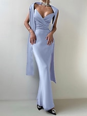 cheap BLUE-2-in-1 Dress Cape Dress Mermaid / Trumpet Evening Gown Elegant Dress Formal Semi Formal Dress Wedding Floor Length Sleeveless V Neck Satin Backless with Bow(s) Pleats Slit