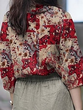 voordelige Dames grafische tops-Dames Overhemd Bloemig Dagelijks Retro vintage Modern Lange mouw Overhemdkraag Normale tops Dagelijks Feestdagen Knop Afdrukken Rood blauw Khaki Zomer