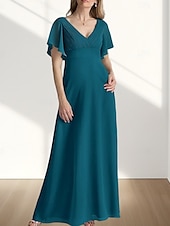 preiswerte Bodenlänge-A-Linie Brautmutterkleid Hochzeitsgast Elegant Süß V Ausschnitt Bodenlang Chiffon Kurzarm mit Raffung 2025