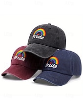 abordables Chapeaux pour femmes-Casquette de baseball LGBTQ en denim vieilli pour femme avec arc-en-ciel et cœurs brodés - Casquette de baseball ajustable pour les défilés de la fierté, les festivals et les tenues décontractées