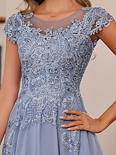 cheap Floor Length-Blue Red A-Line Mother of the Bride Dress Elegant Luxurious Boat Neck Floor Length Chiffon Lace Short Sleeve with Tier Cascading Ruffles 2025