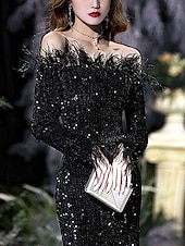 cheap BLACK-Mermaid / Trumpet Quinceanera Dresses Elegant Dress Formal Wedding Floor Length Long Sleeve Off Shoulder Sequined with Sequin