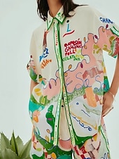 abordables Ensembles-Femmes Mode Streetwear Chemises en coton et lin Ensembles en coton et lin Ensembles de Shorts Manche Courte Col de chemise Graffiti Imprimé Tenue quotidienne Date Vert Été Coupe régulière