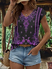 abordables Débardeur Boho-Débardeur camisole bohème pour femme, graphique, géométrique, vintage, élégant, classique, sans manches, manches courtes, col en V, régulier, imprimé quotidien, jaune, rouge, bleu, violet, vert, été,