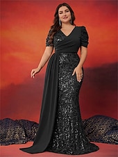 preiswerte BLAU-Meerjungfrau  Trompete Plus Size Kleider Elegantes Kurvenkleid Formelles Hochzeitskleid Bodenlang Kurzarm V-Ausschnitt Pailletten mit Pailletten 2025